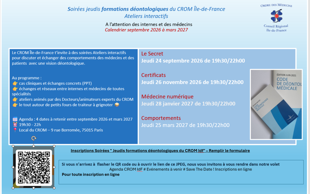 Soirées jeudis formations déontologiques CROM IdF Agenda 2026-2027