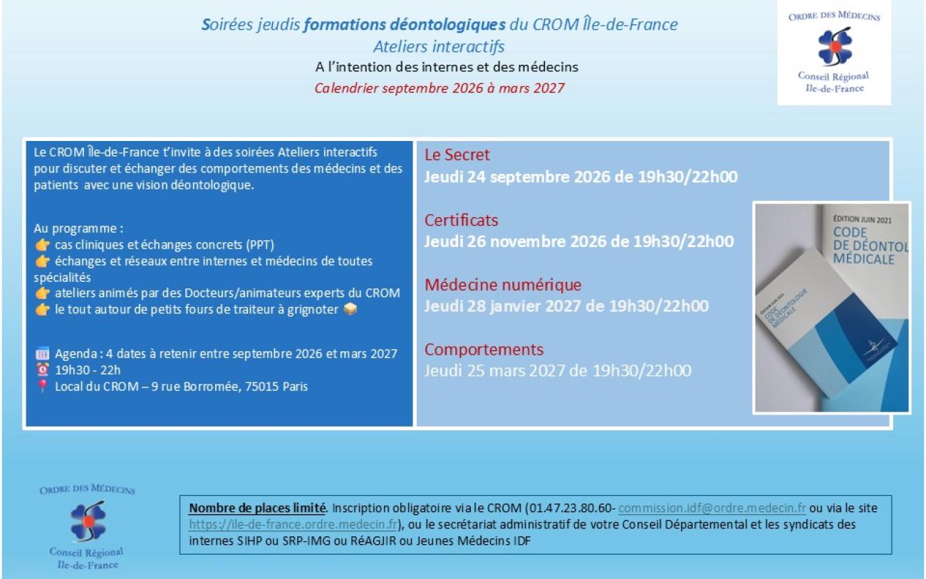 Agenda Soirées jeudis formations déontologiques 2026-2027 CROM IdF