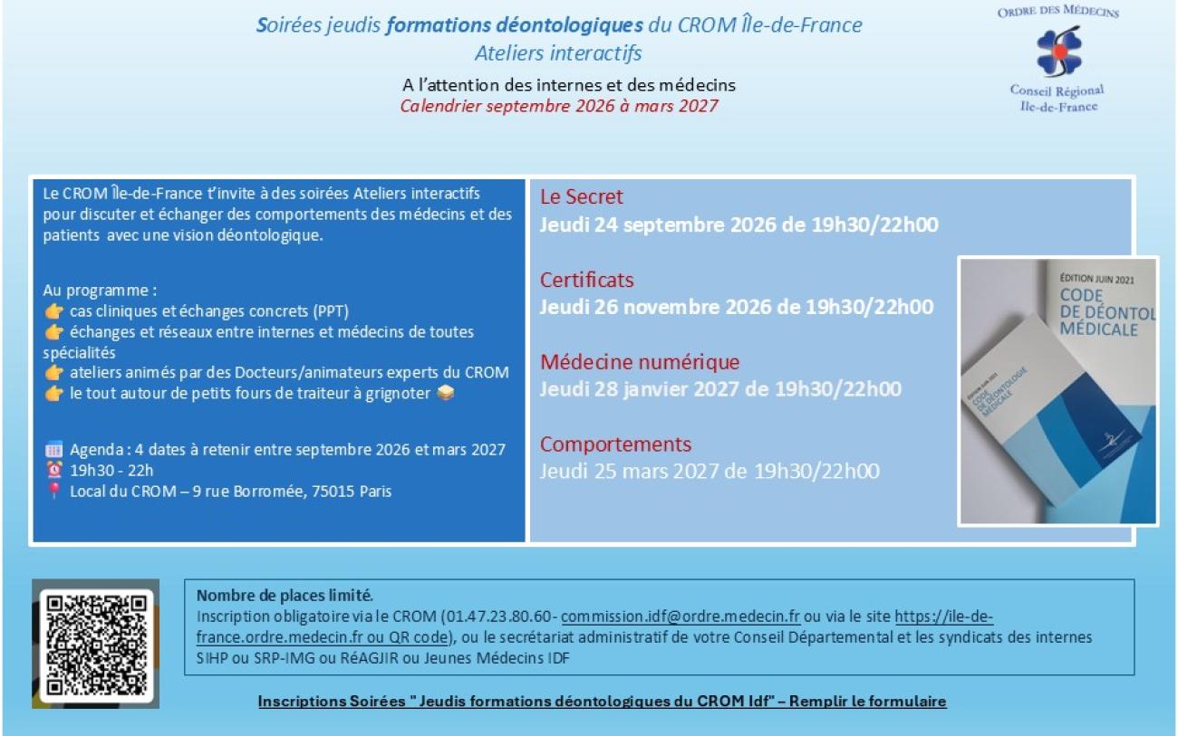Soirées jeudis formations déontologiques CROM IdF Agenda 2026-2027